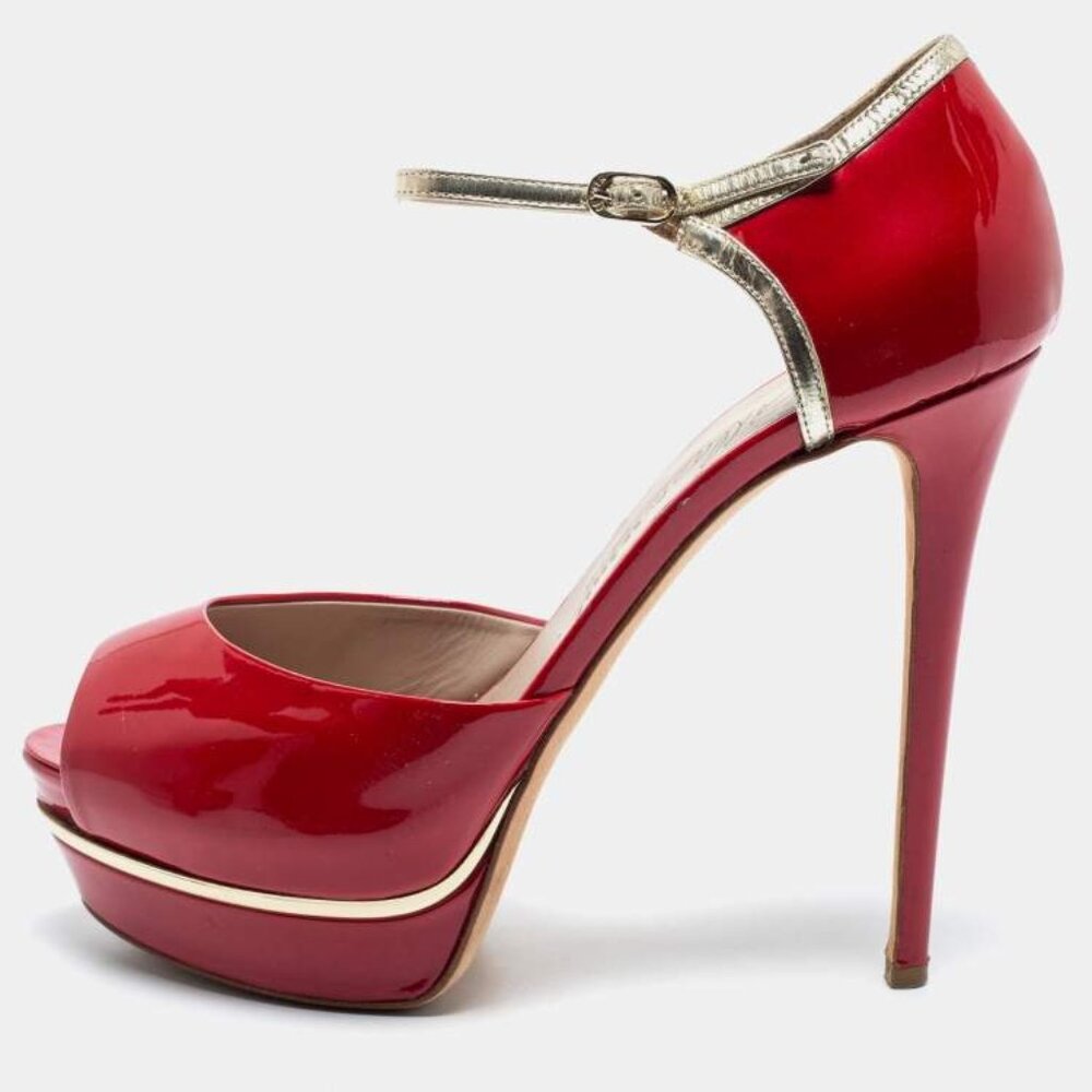 Le Silla Red Patent Leather Peep Toe Platform Ankle Strap Sandals Size